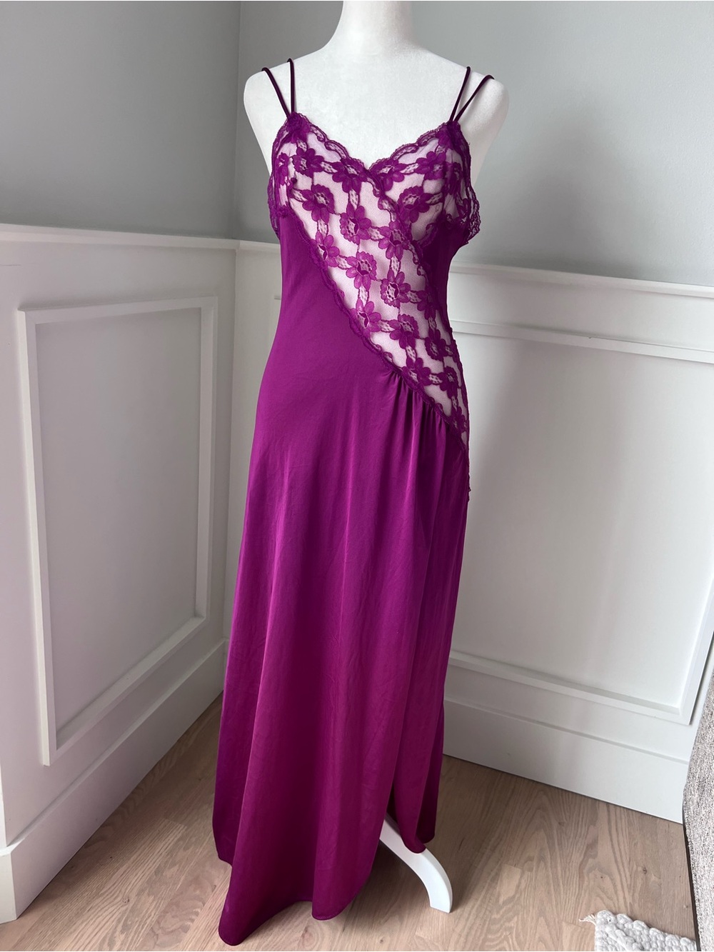 Lace-Trim Slip Chemise in Deep Magenta